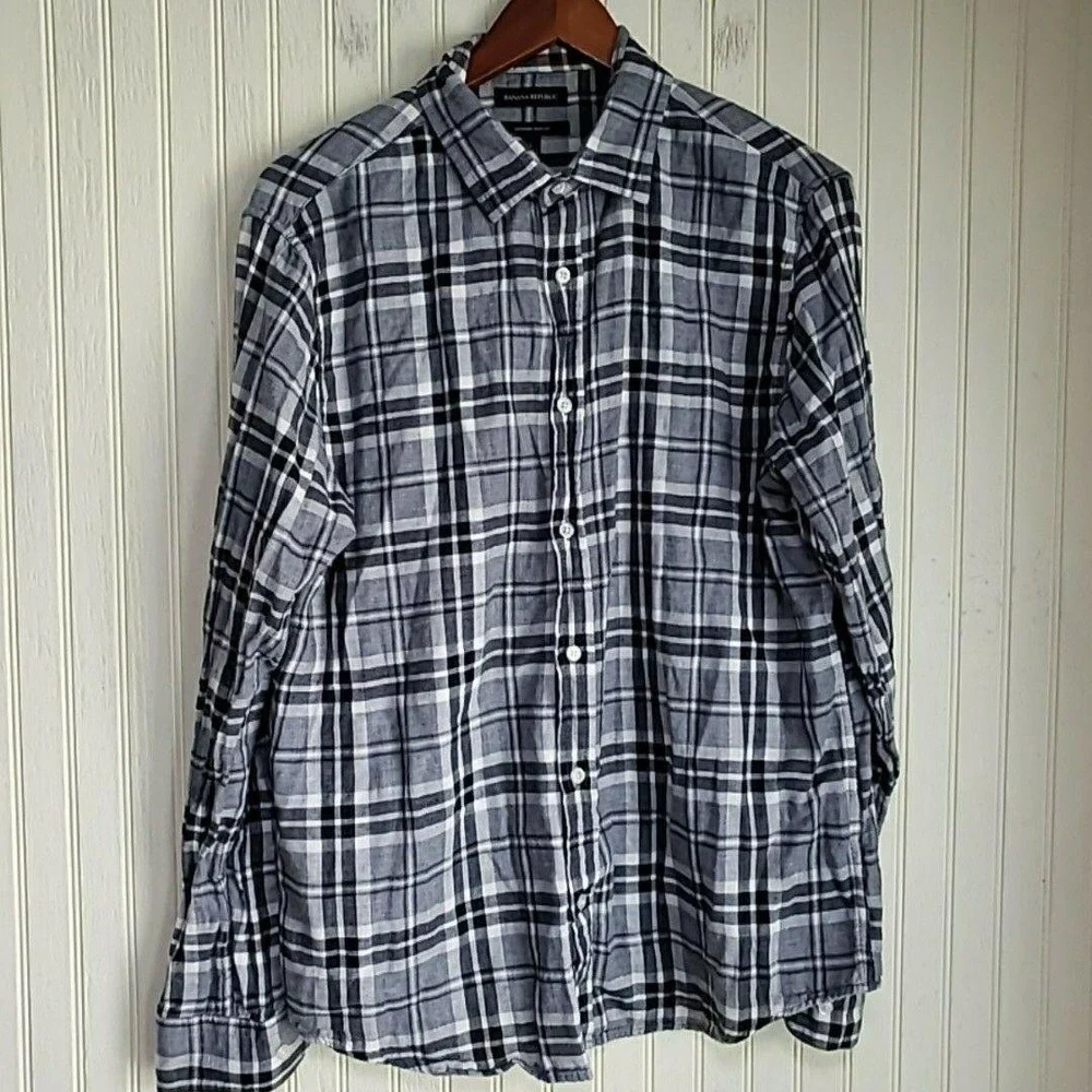 Banana Republic Shirt Mens Large Gray Plaid Long Sleeve Slim Fit Button-Up
